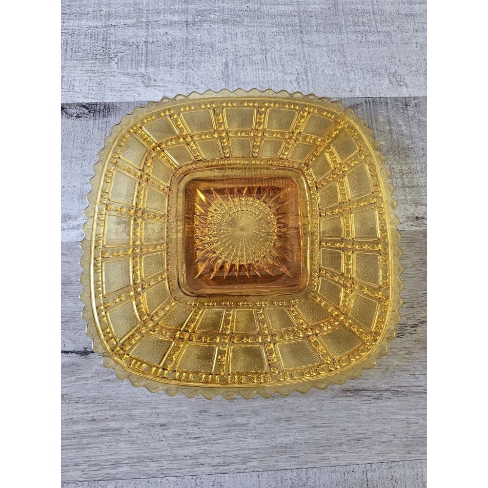 Vintage 1930s Imperial Glass Square Beaded Block Amber Plate Art Deco STARBURST